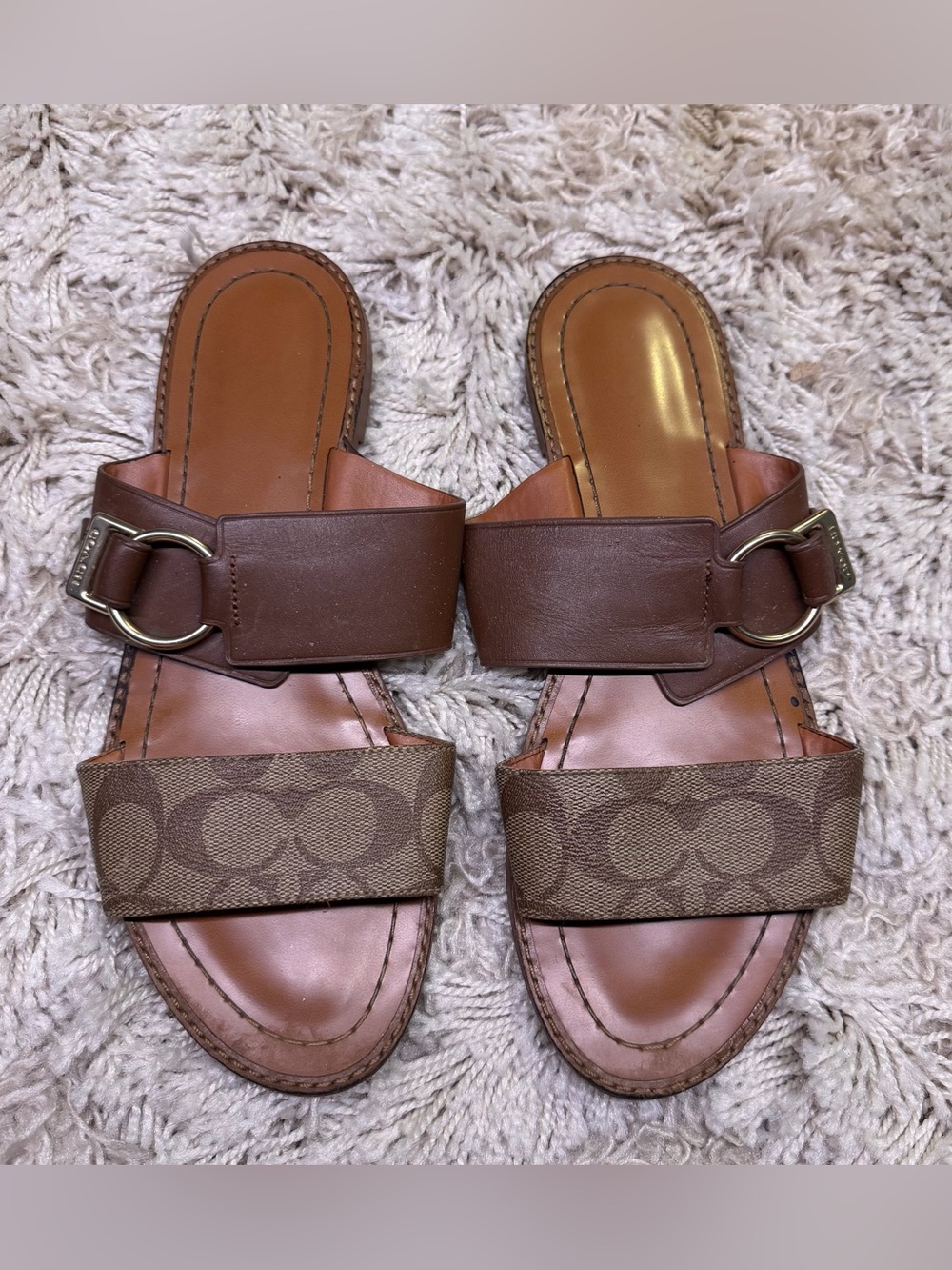 Coach Signature C Canvas Leather Ring Slide Sandals Brown Women’s 9.5